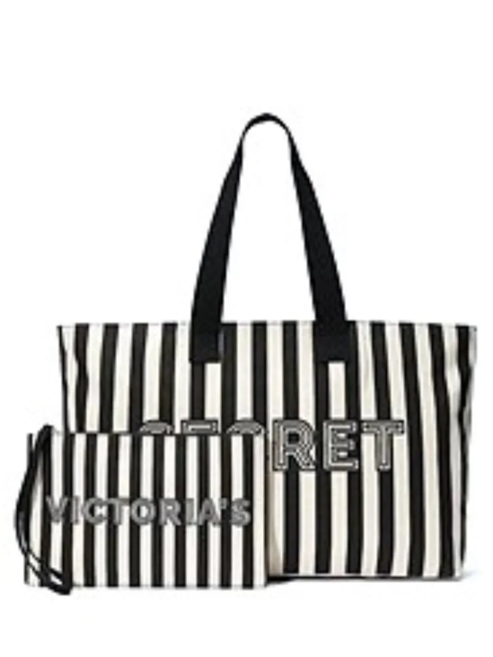 Nwt Victoria's Secret Logo Canvas Tote Bag & Wristlet Black White Stripe
